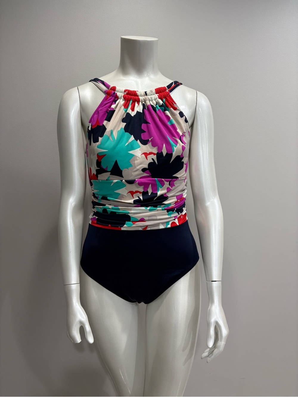 Floral Halter One-Piece Swimsuit in Navy and Bright Floral
